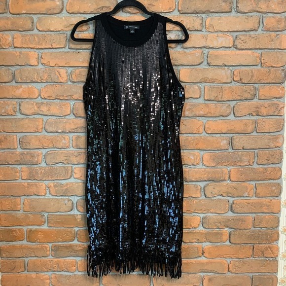 INC International Concepts Sequin Fringe Dress Sleeveless Party Black‎ Large - Picture 1 of 8